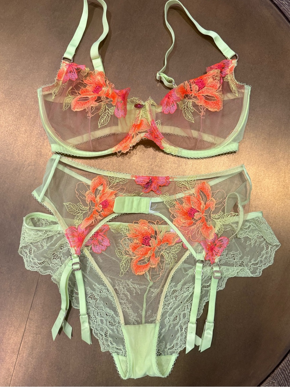 Honey Birdette Floral Embroidered 3 piece Lingerie Set